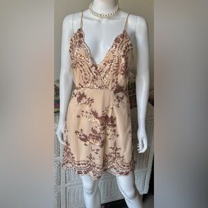 Revolve Superdown Sequin Mini Dress Low Cut Floral Lace Mesh in Rose Gold Size M